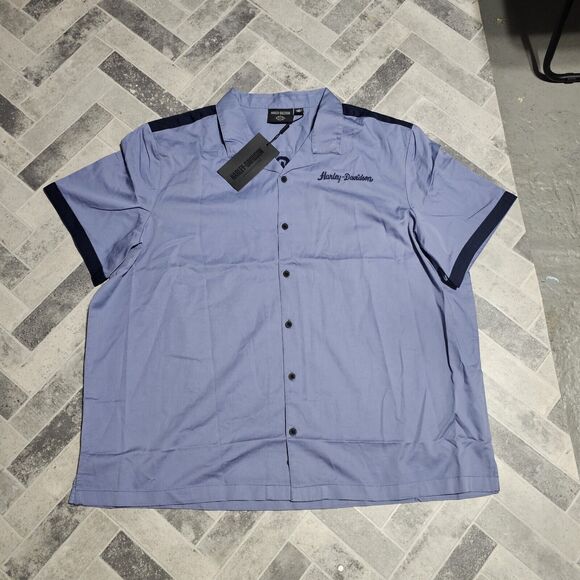 Harley Davidson Men's  3XL Club Crew Short Sleeve Button Down Shirt Colony Blue - Picture 2 of 8